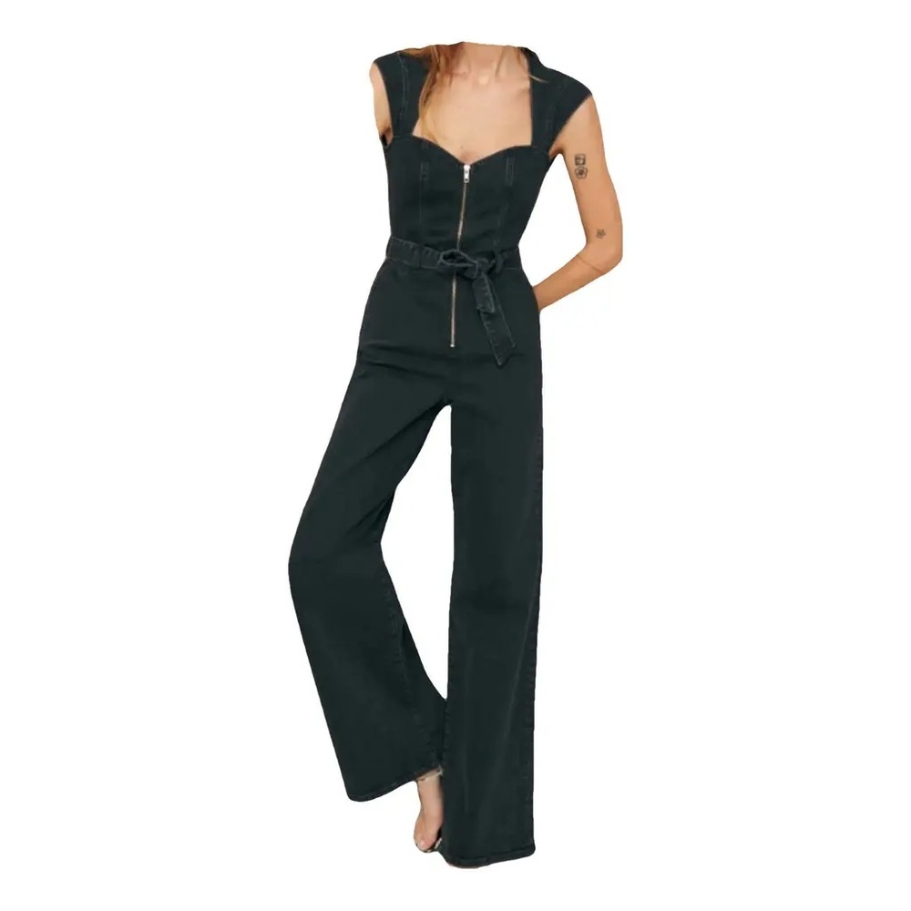 Reformation Calypso Black Wide Leg Denim Jumpsuit - Lightly Worn, Size 0